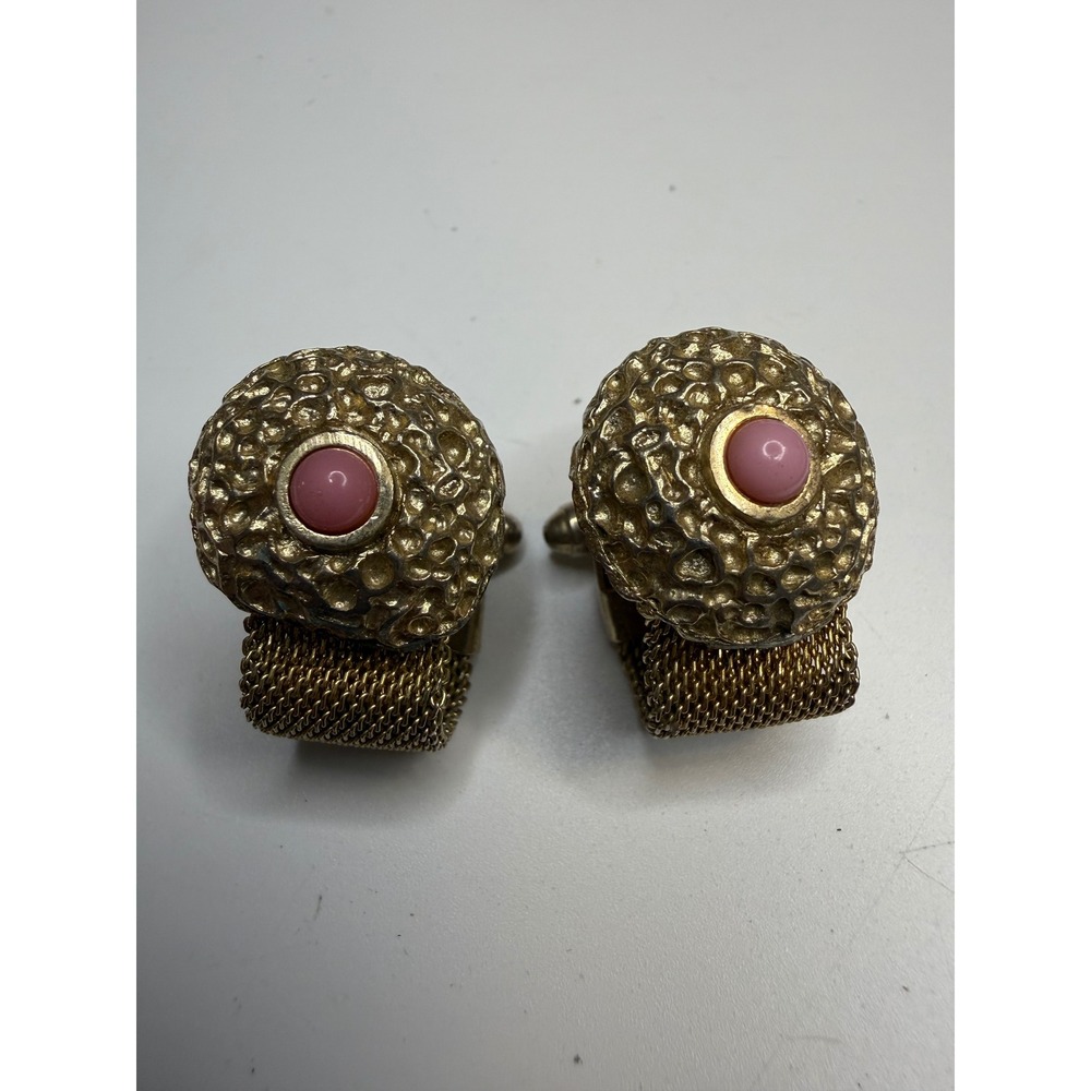 Vintage Gold Tone Mesh Wrap Cufflinks Pink Cabochon Textured Nugget Mid Century